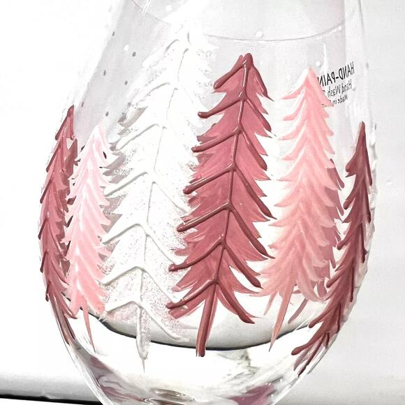 NEW! SET OF 2 Hand Painted CRYSTAL WINE GLASSES & PITCHER Pink Pine Trees RARE - Picture 2 of 2